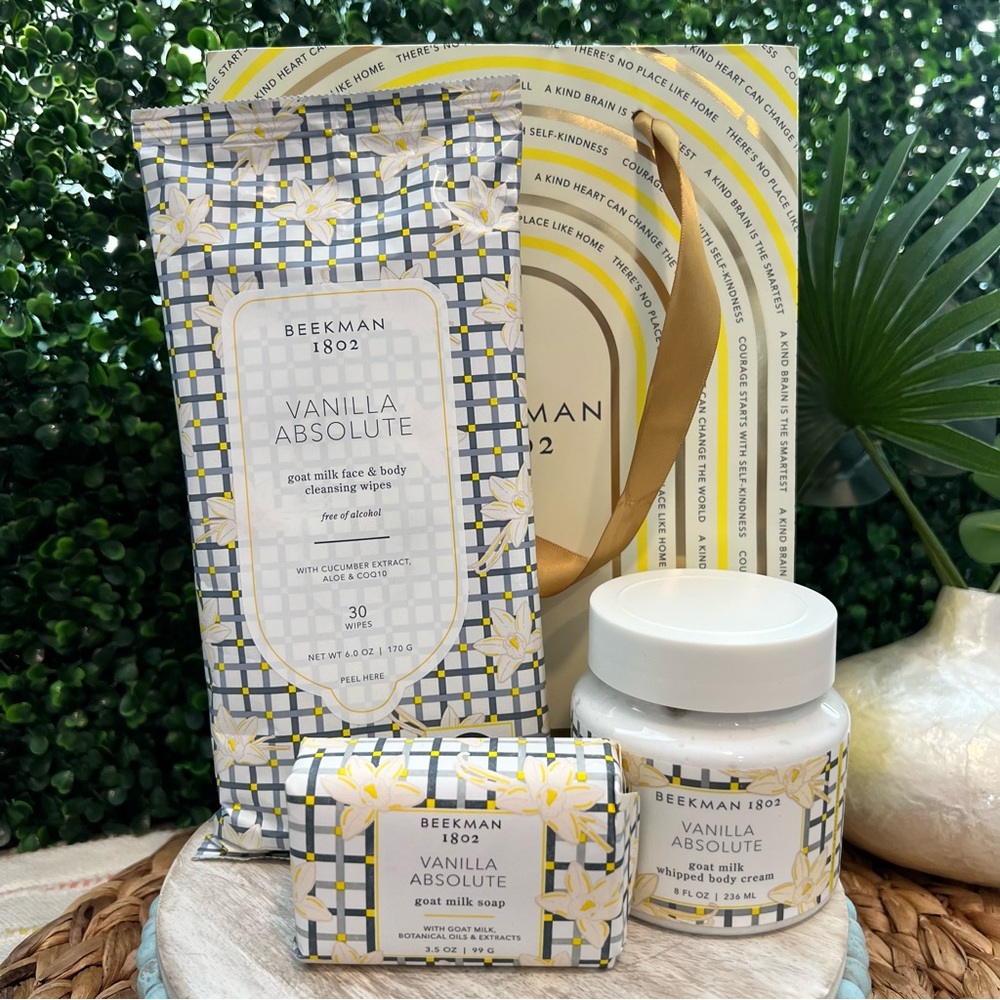 New Beekman 1802 | Vanilla Absolute | Bath & Body Set Body Cream Wipes Bar Soap